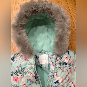 next Girls' Mint Floral Puffer Snow Suit with Faux Fur Hood size 4/5 110cm